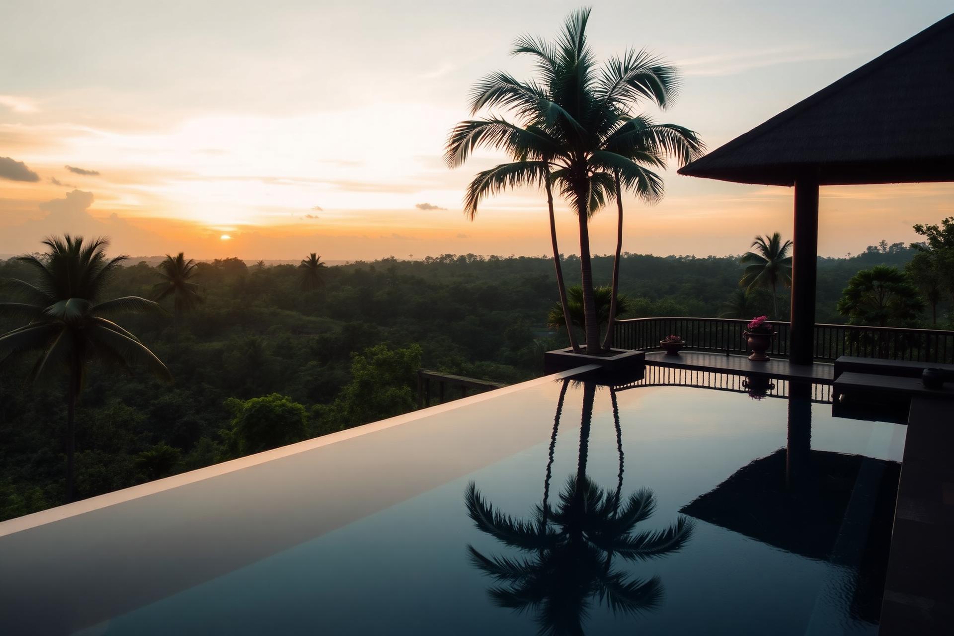Luxury Balinese villa at sunset with infinity pool overlooking the jungle