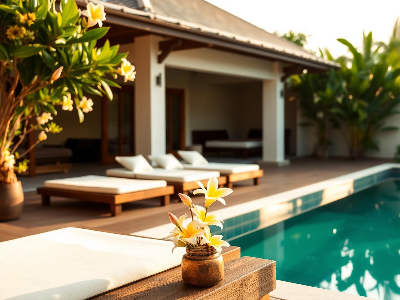 Villa poolside lounge with frangipani flowers